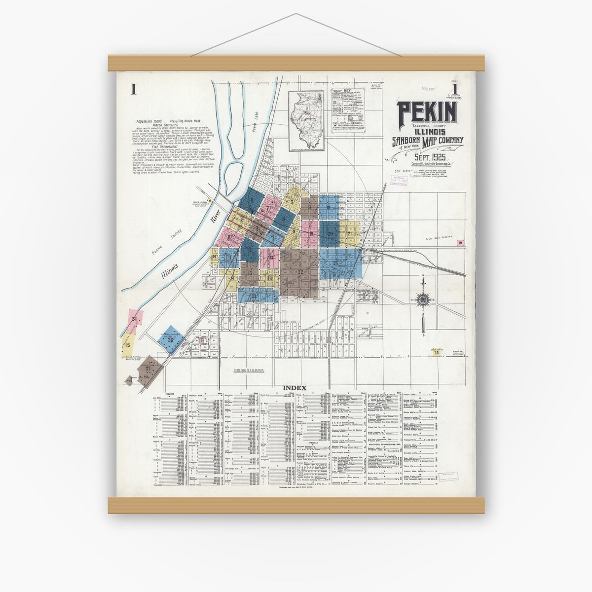 Old map wall art mockup — magnetic wood frame on white wall — Sanborn Fire Insurance Map from Pekin, Tazewell County, Illinois (1925) - Complete Map Set