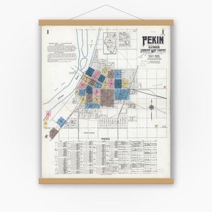 Old map wall art mockup — magnetic wood frame on white wall — Sanborn Fire Insurance Map from Pekin, Tazewell County, Illinois (1925) - Complete Map Set