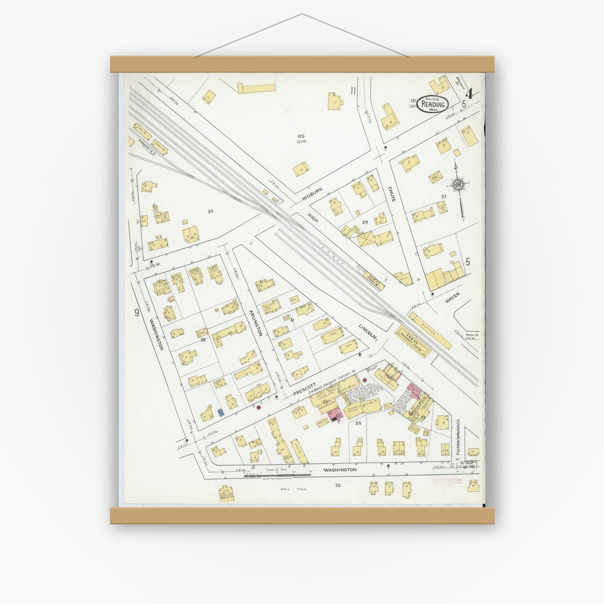 Old map wall art mockup — magnetic wood frame on white wall — Sanborn Fire Insurance Map from Reading, Middlesex County, Massachusetts (1918), Sheet #0004