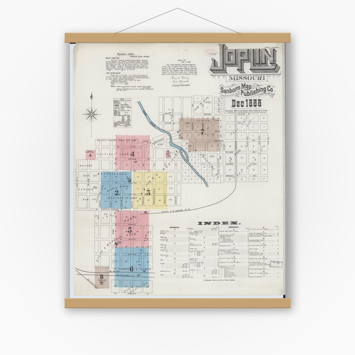 Old map wall art mockup — magnetic wood frame on white wall — Sanborn Fire Insurance Map from Joplin, Jasper County, Missouri (1888), Sheet #0001