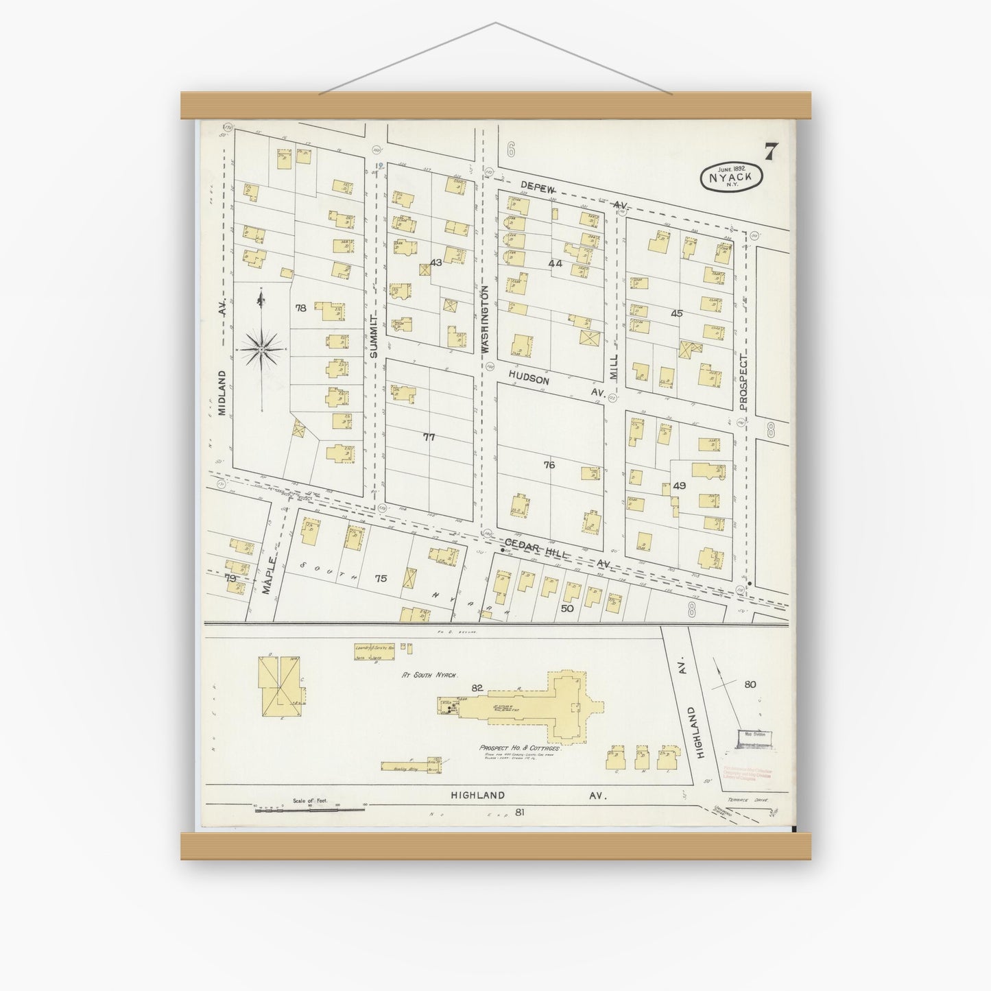 Old map wall art mockup — magnetic wood frame on white wall — Sanborn Fire Insurance Map from Nyack, Rockland County, New York. (1892), Sheet #0007
