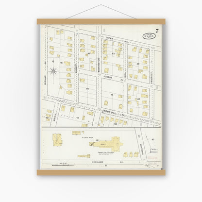 Old map wall art mockup — magnetic wood frame on white wall — Sanborn Fire Insurance Map from Nyack, Rockland County, New York. (1892), Sheet #0007