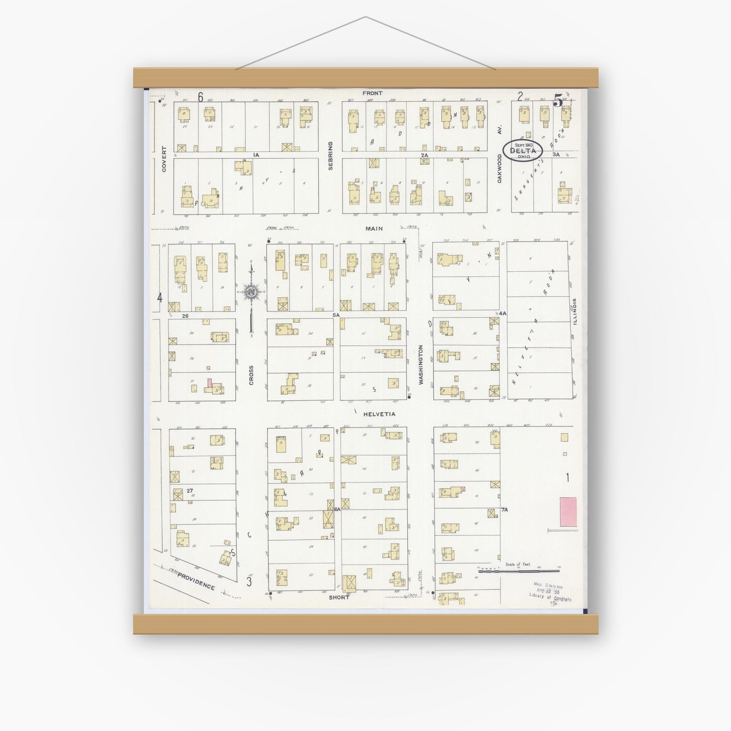 Old map wall art mockup — magnetic wood frame on white wall — Sanborn Fire Insurance Map from Delta, Fulton County, Ohio (1910), Sheet #0005