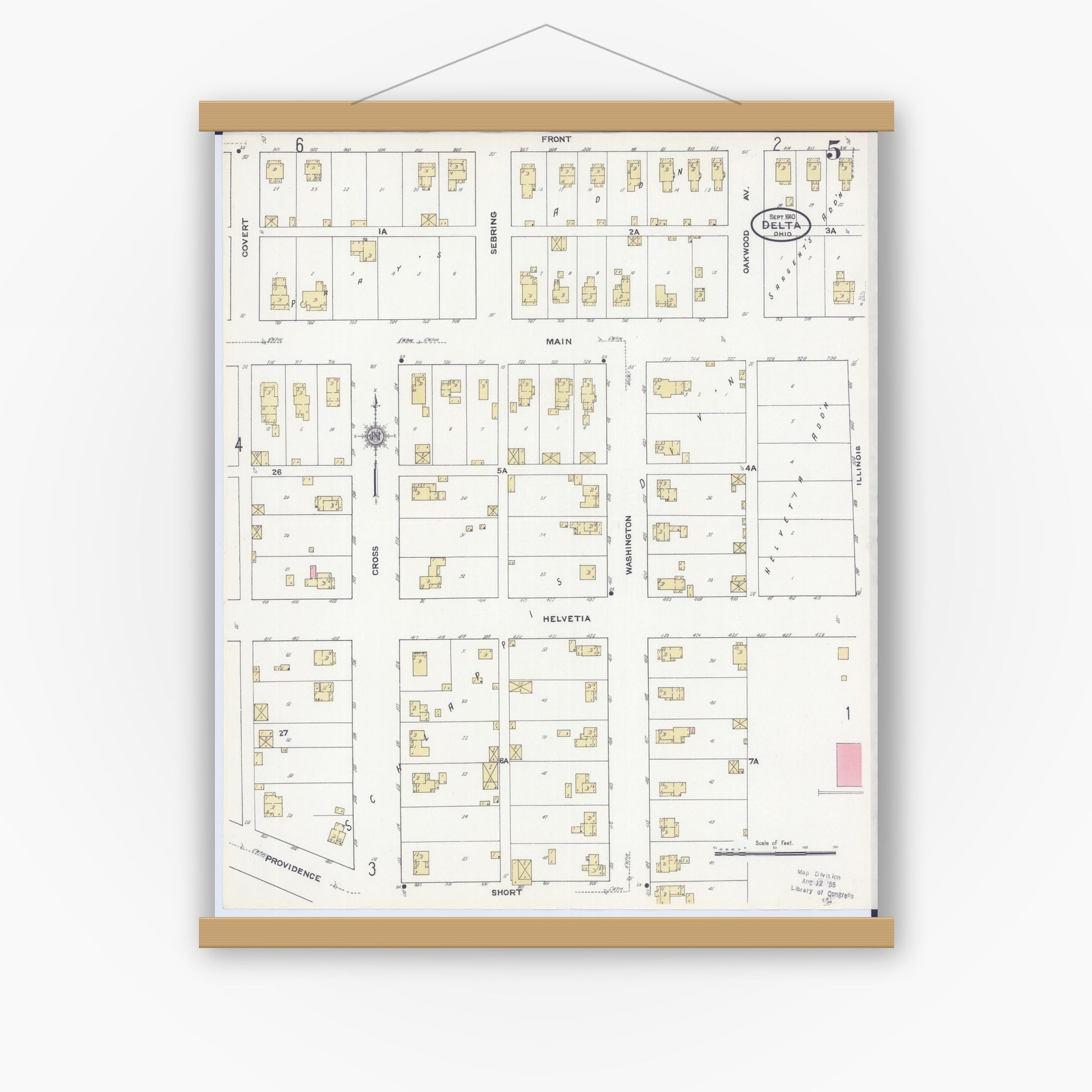 Old map wall art mockup — magnetic wood frame on white wall — Sanborn Fire Insurance Map from Delta, Fulton County, Ohio (1910), Sheet #0005