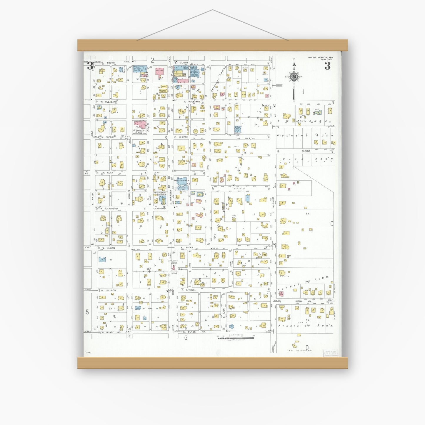 Old map wall art mockup — magnetic wood frame on white wall — Sanborn Fire Insurance Map from Mount Vernon, Lawrence County, Missouri (1951), Sheet #0003