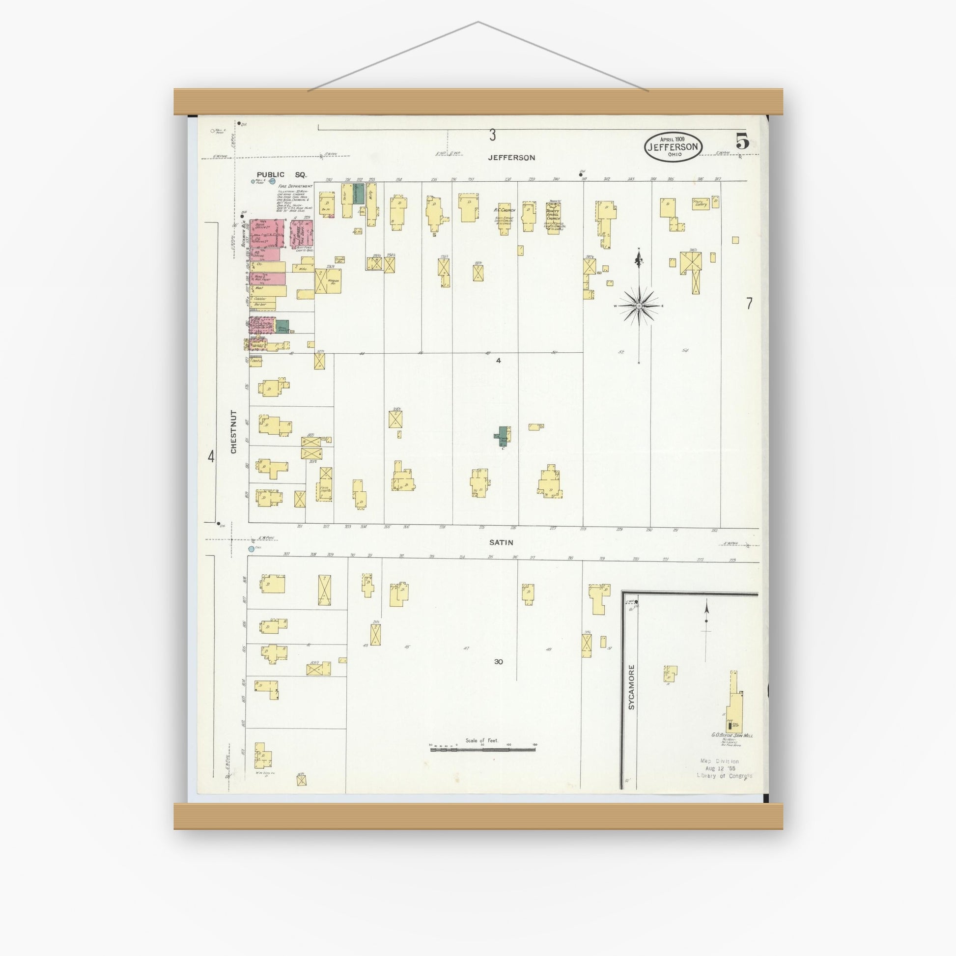 Old map wall art mockup — magnetic wood frame on white wall — Sanborn Fire Insurance Map from Jefferson, Ashtabula County, Ohio (1909), Sheet #0005
