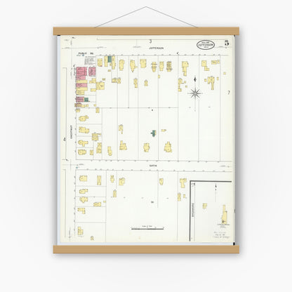 Old map wall art mockup — magnetic wood frame on white wall — Sanborn Fire Insurance Map from Jefferson, Ashtabula County, Ohio (1909), Sheet #0005