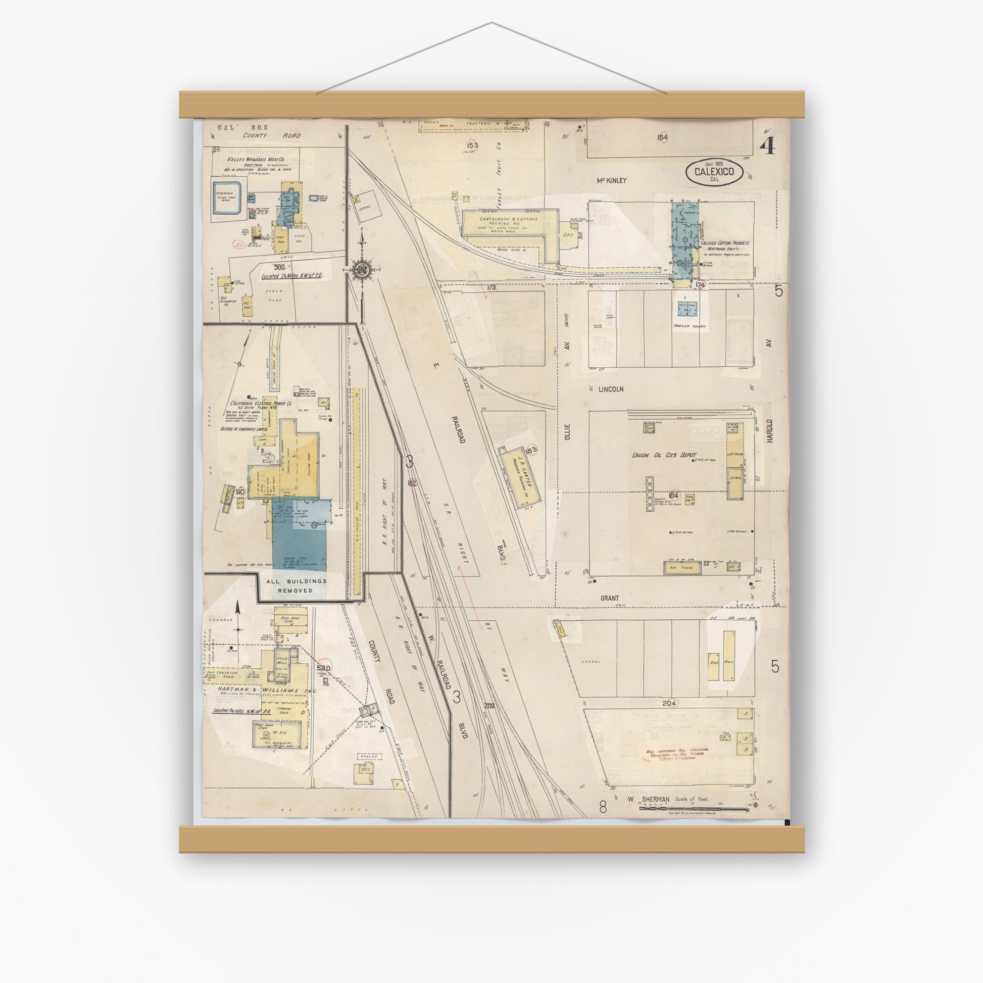 Old map wall art mockup — magnetic wood frame on white wall — Sanborn Fire Insurance Map from Calexico, Imperial County, California (1949), Sheet #0004
