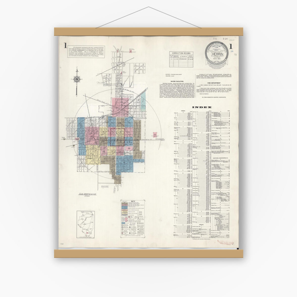 Old map wall art mockup — magnetic wood frame on white wall — Sanborn Fire Insurance Map from Herrin, Williamson County, Illinois (1947) - Complete Map Set