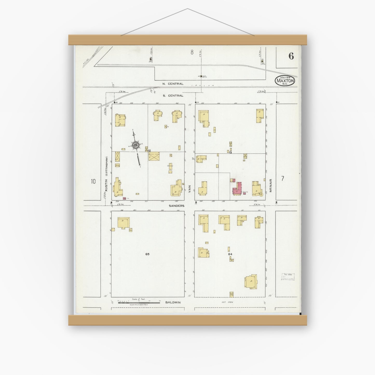 Old map wall art mockup — magnetic wood frame on white wall — Sanborn Fire Insurance Map from Maxton, Robeson County, North Carolina (1919), Sheet #0006