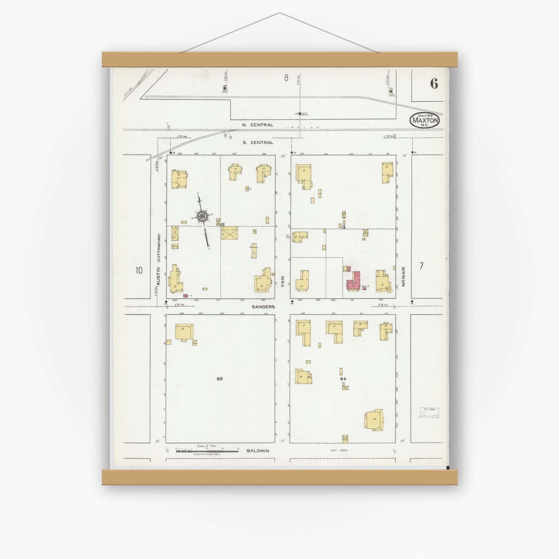 Old map wall art mockup — magnetic wood frame on white wall — Sanborn Fire Insurance Map from Maxton, Robeson County, North Carolina (1919), Sheet #0006
