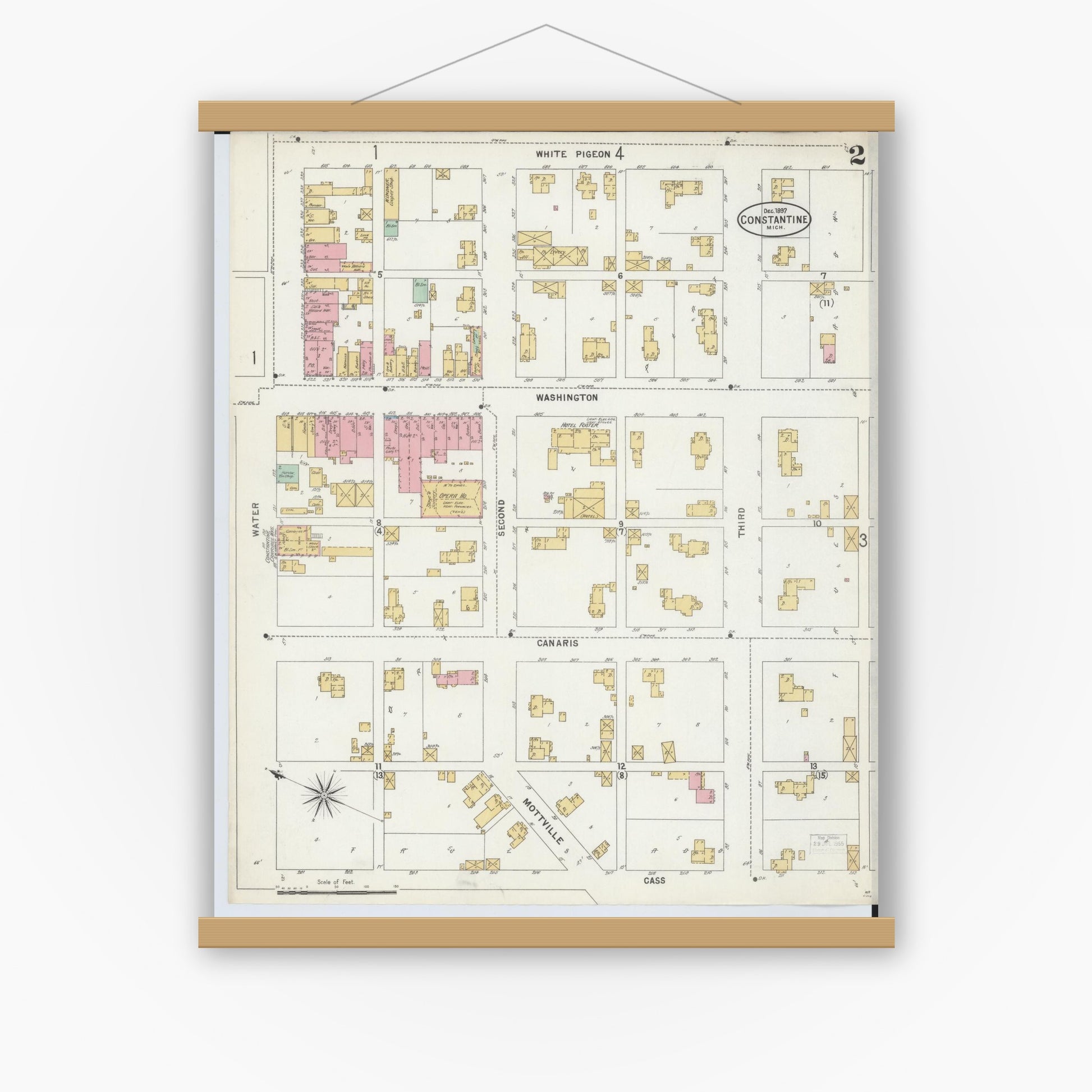 Old map wall art mockup — magnetic wood frame on white wall — Sanborn Fire Insurance Map from Constantine, Saint Joseph County, Michigan (1897), Sheet #0002