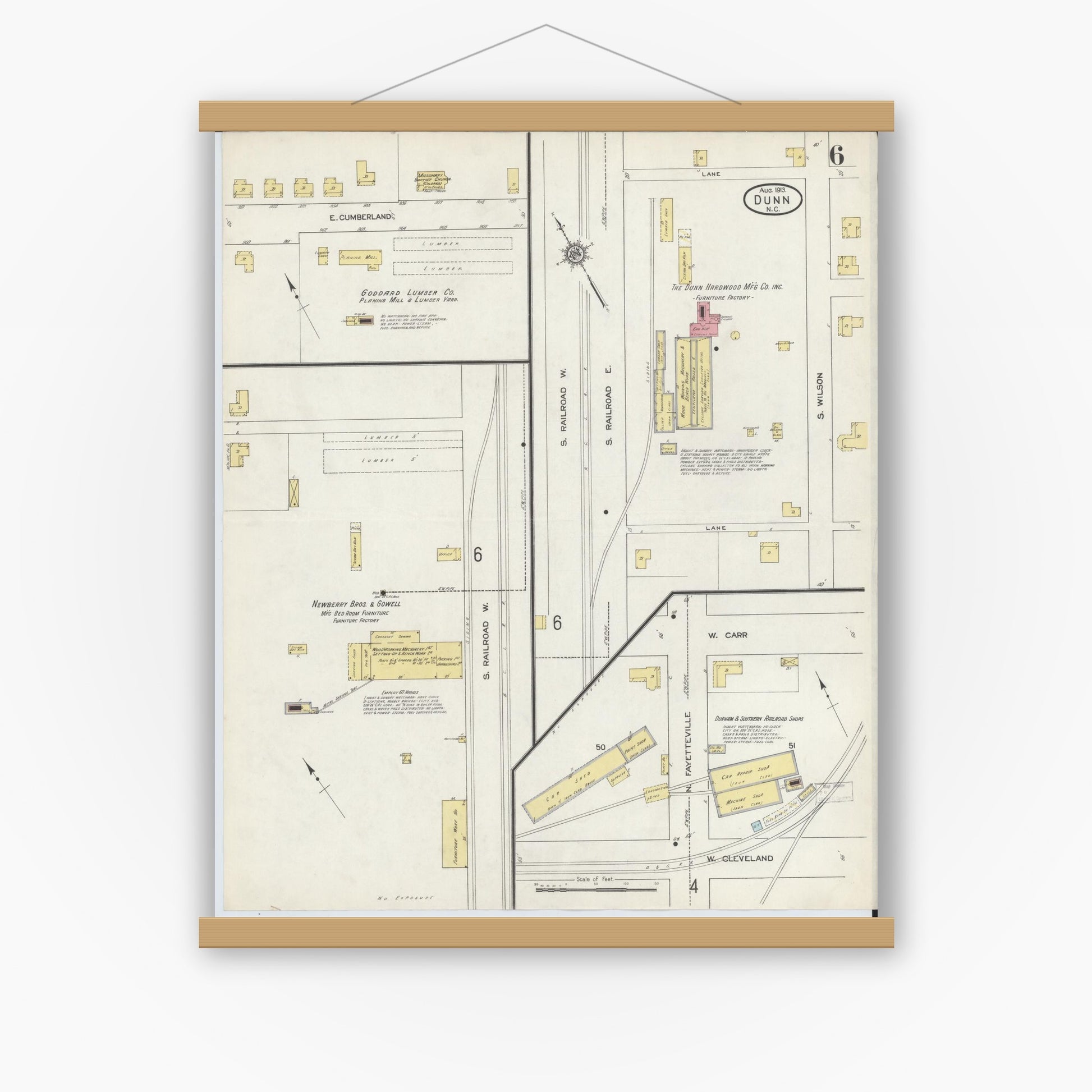 Old map wall art mockup — magnetic wood frame on white wall — Sanborn Fire Insurance Map from Dunn, Harnett County, North Carolina (1913), Sheet #0006