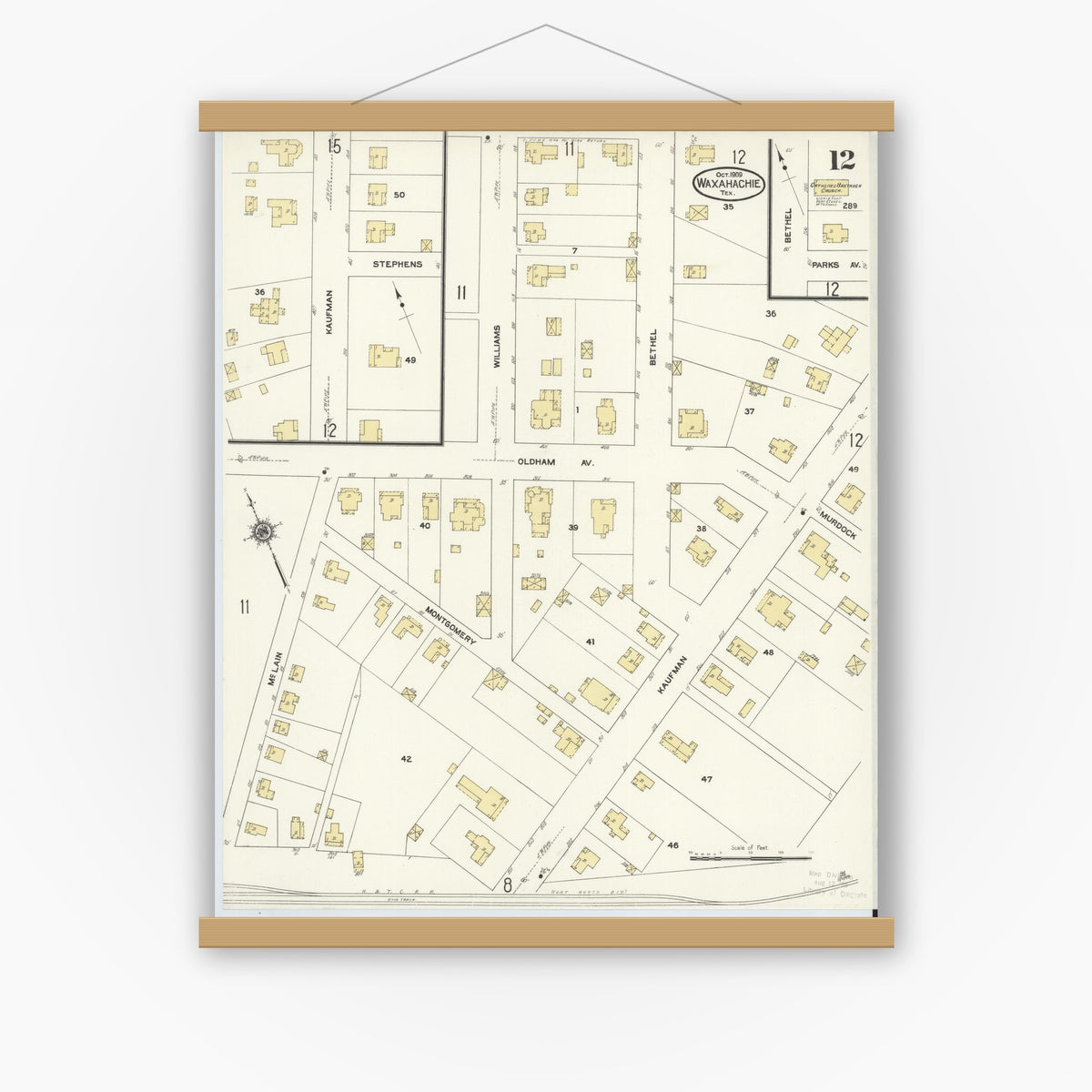 Old map wall art mockup — magnetic wood frame on white wall — Sanborn Fire Insurance Map from Waxahachie, Ellis County, Texas (1909), Sheet #0012