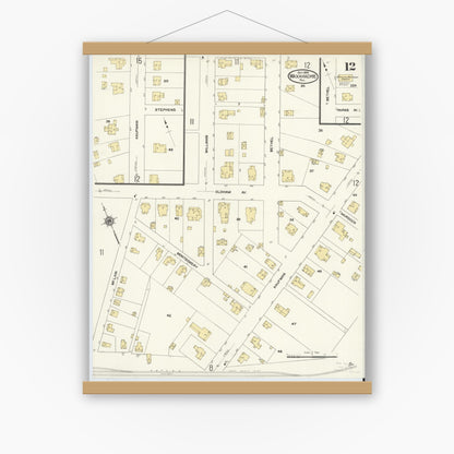 Old map wall art mockup — magnetic wood frame on white wall — Sanborn Fire Insurance Map from Waxahachie, Ellis County, Texas (1909), Sheet #0012