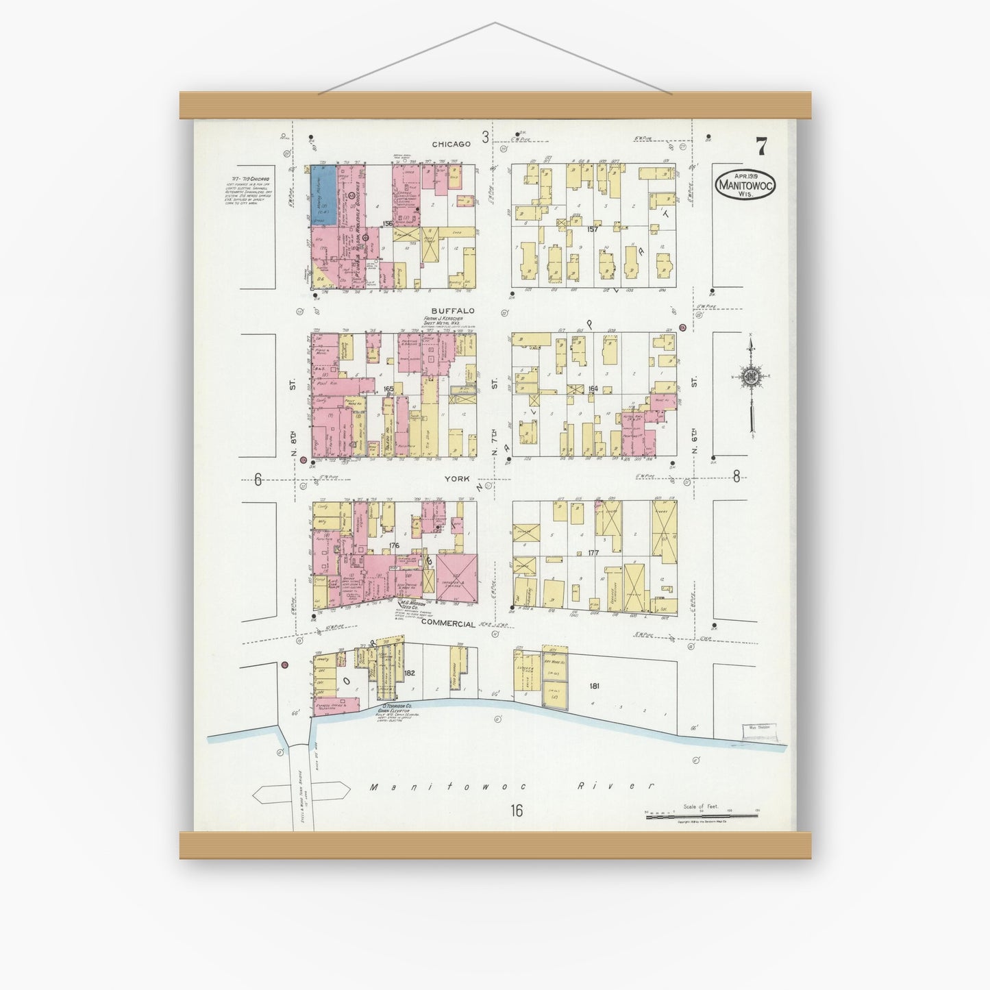 Old map wall art mockup — magnetic wood frame on white wall — Sanborn Fire Insurance Map from Manitowoc, Manitowoc County, Wisconsin (1919), Sheet #0007