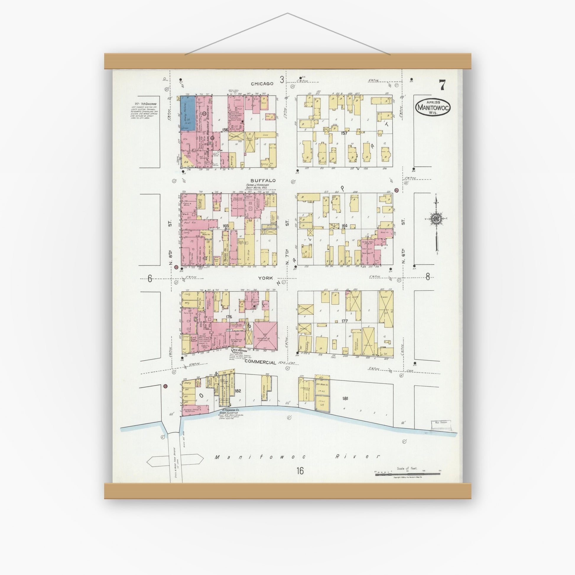Old map wall art mockup — magnetic wood frame on white wall — Sanborn Fire Insurance Map from Manitowoc, Manitowoc County, Wisconsin (1919), Sheet #0007