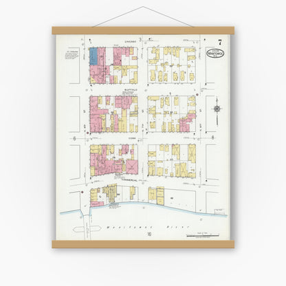 Old map wall art mockup — magnetic wood frame on white wall — Sanborn Fire Insurance Map from Manitowoc, Manitowoc County, Wisconsin (1919), Sheet #0007