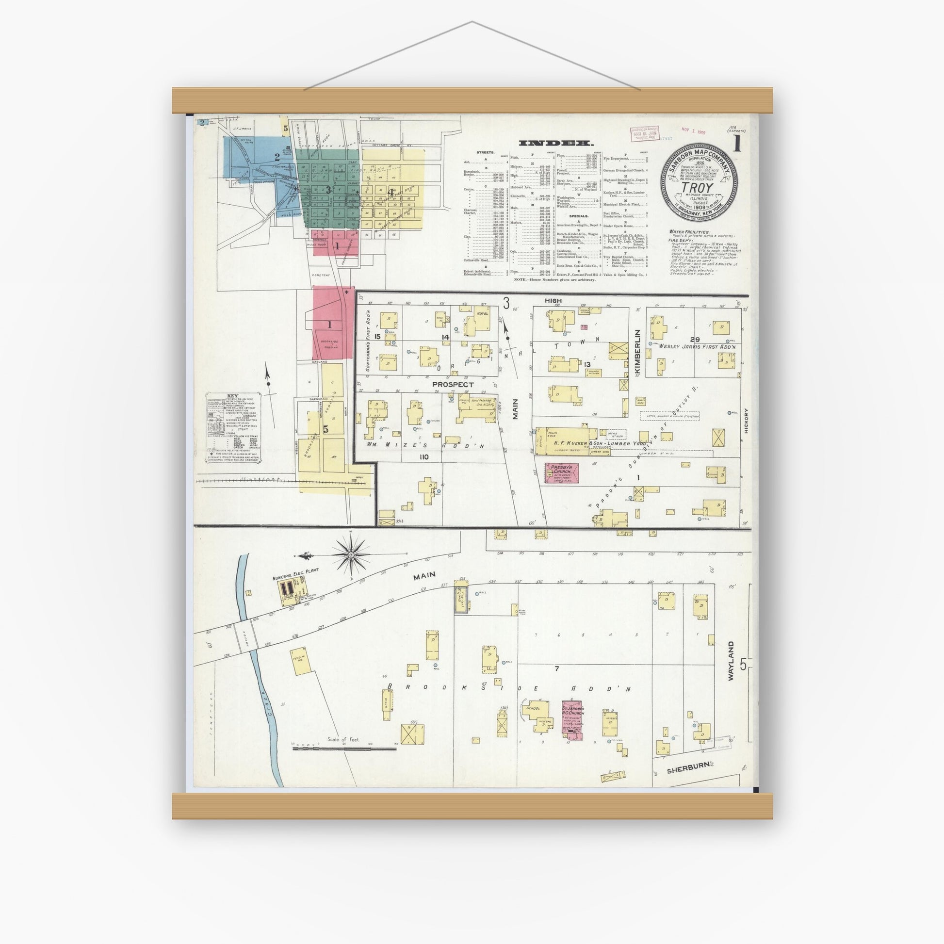Old map wall art mockup — magnetic wood frame on white wall — Sanborn Fire Insurance Map from Troy, Madison County, Illinois (1909) - Complete Map Set