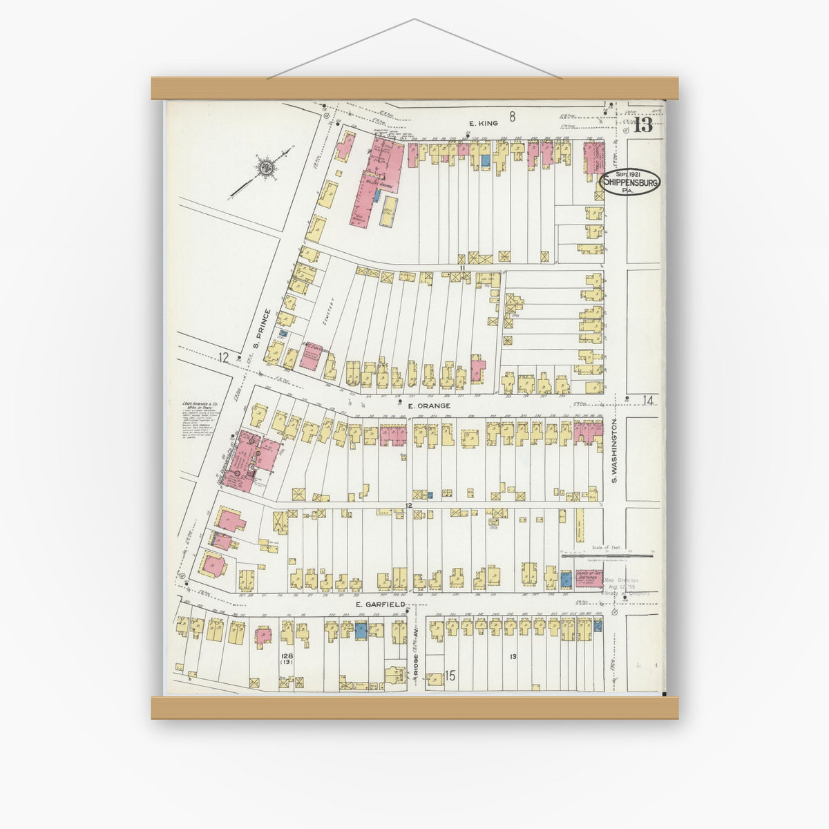 Old map wall art mockup — magnetic wood frame on white wall — Sanborn Fire Insurance Map from Shippensburg, Cumberland And Franklin Counties, Pennsylvania (1921), Sheet #0013