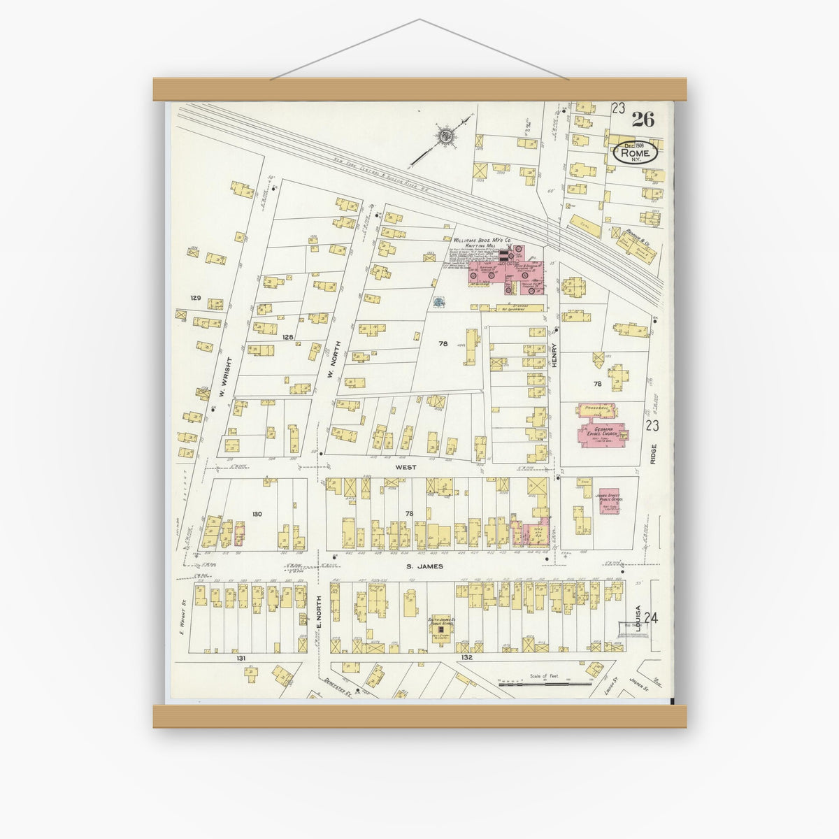 Old map wall art mockup — magnetic wood frame on white wall — Sanborn Fire Insurance Map from Rome, Oneida County, New York (1909), Sheet #0026