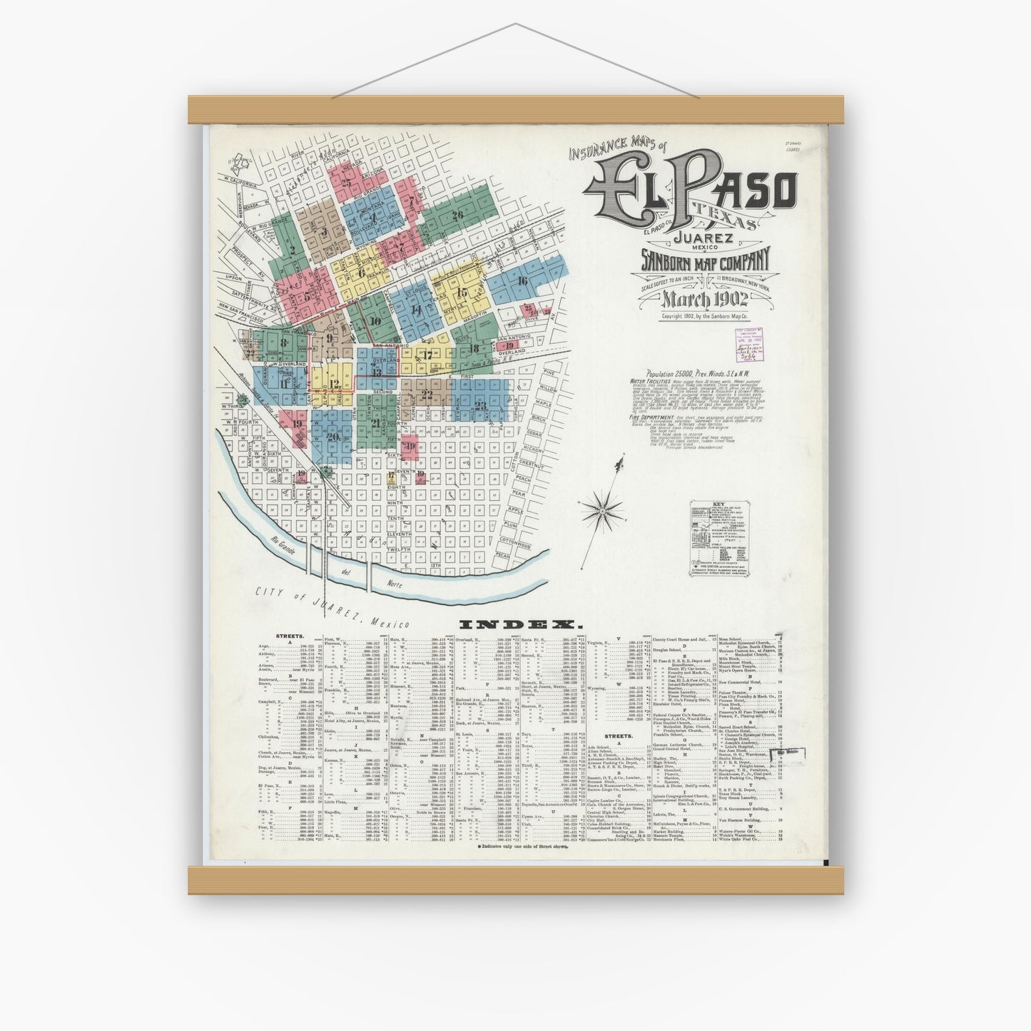 Old map wall art mockup — magnetic wood frame on white wall — Sanborn Fire Insurance Map from El Paso, El Paso County, Texas (1902) - Complete Map Set