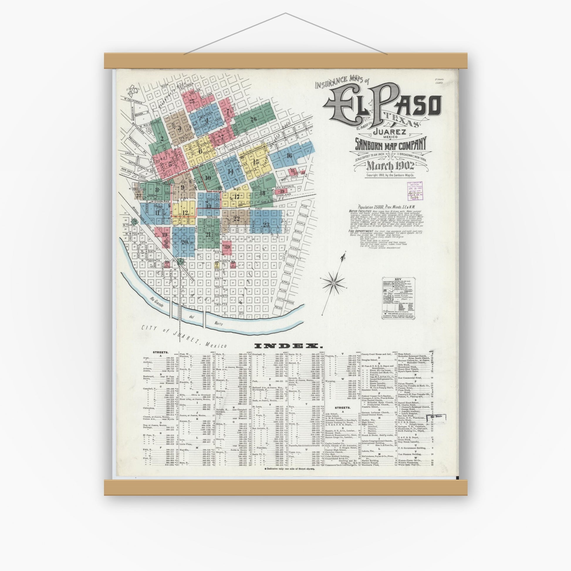 Old map wall art mockup — magnetic wood frame on white wall — Sanborn Fire Insurance Map from El Paso, El Paso County, Texas (1902) - Complete Map Set