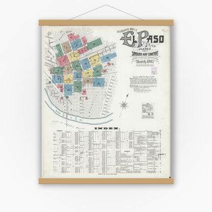 Old map wall art mockup — magnetic wood frame on white wall — Sanborn Fire Insurance Map from El Paso, El Paso County, Texas (1902) - Complete Map Set