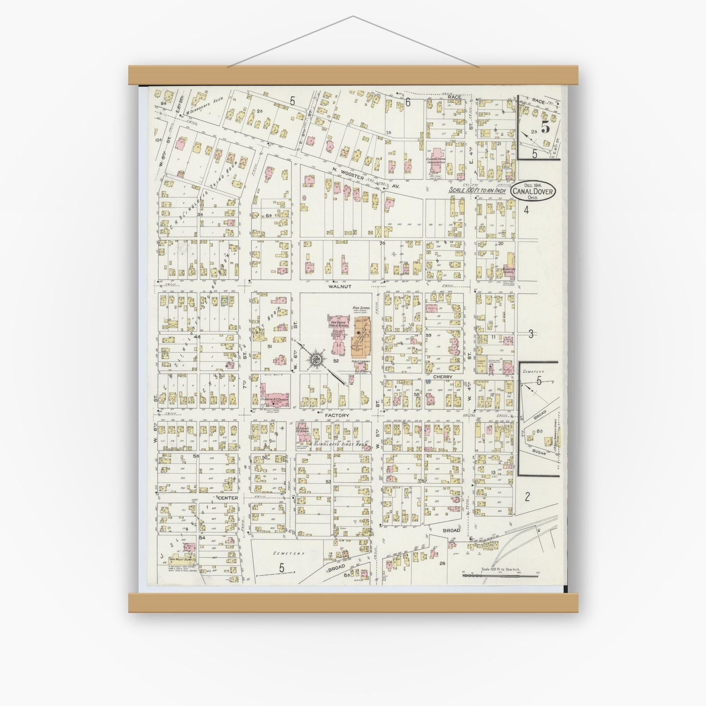 Old map wall art mockup — magnetic wood frame on white wall — Sanborn Fire Insurance Map from Canal Dover, Tuscarawas County, Ohio (1914), Sheet #0005