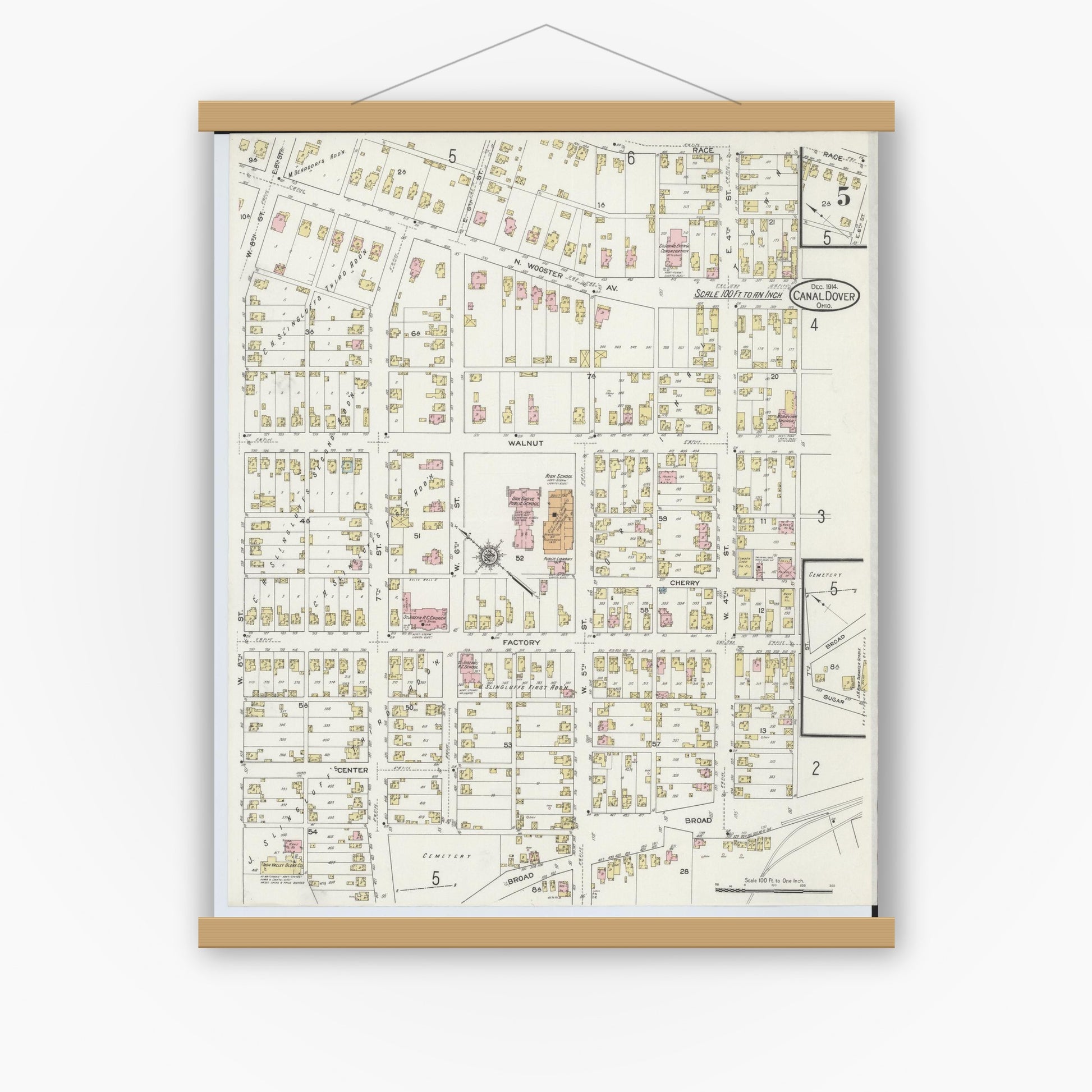 Old map wall art mockup — magnetic wood frame on white wall — Sanborn Fire Insurance Map from Canal Dover, Tuscarawas County, Ohio (1914), Sheet #0005
