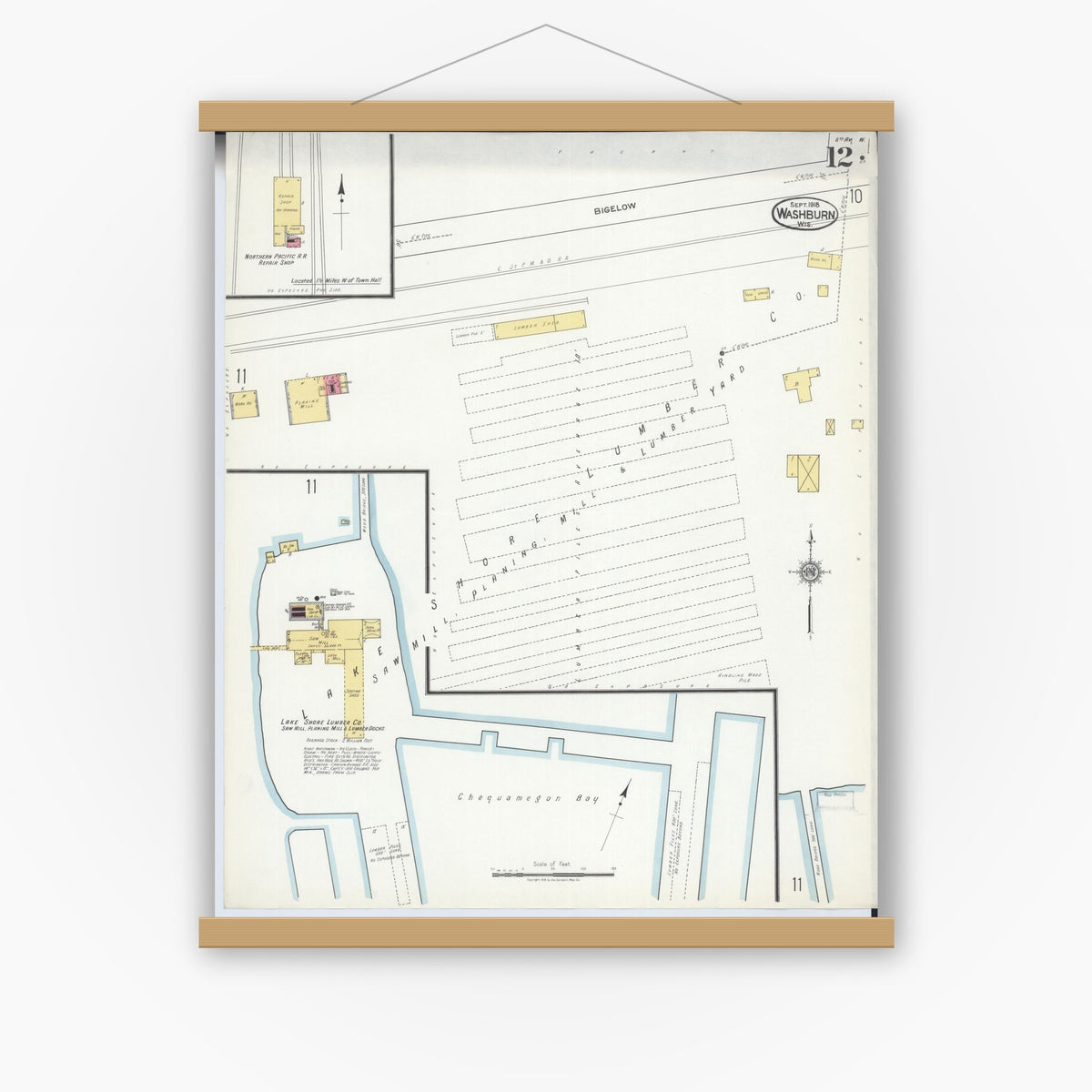 Old map wall art mockup — magnetic wood frame on white wall — Sanborn Fire Insurance Map from Washburn, Bayfield County, Wisconsin (1918), Sheet #0012