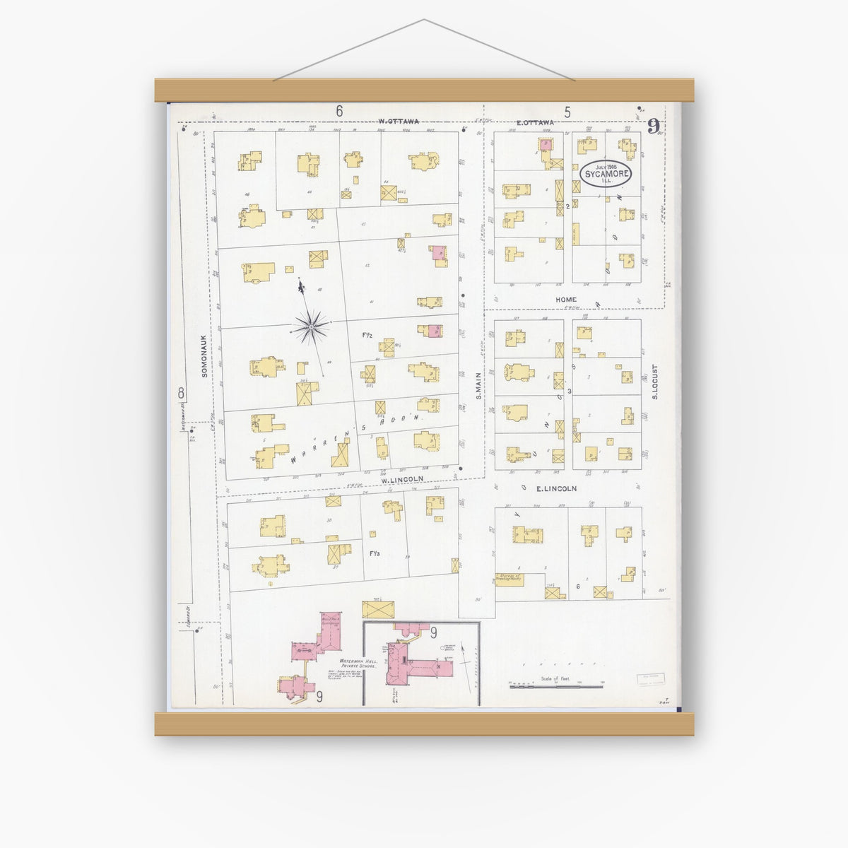 Old map wall art mockup — magnetic wood frame on white wall — Sanborn Fire Insurance Map from Sycamore, De Kalb County, Illinois (1905), Sheet #0009
