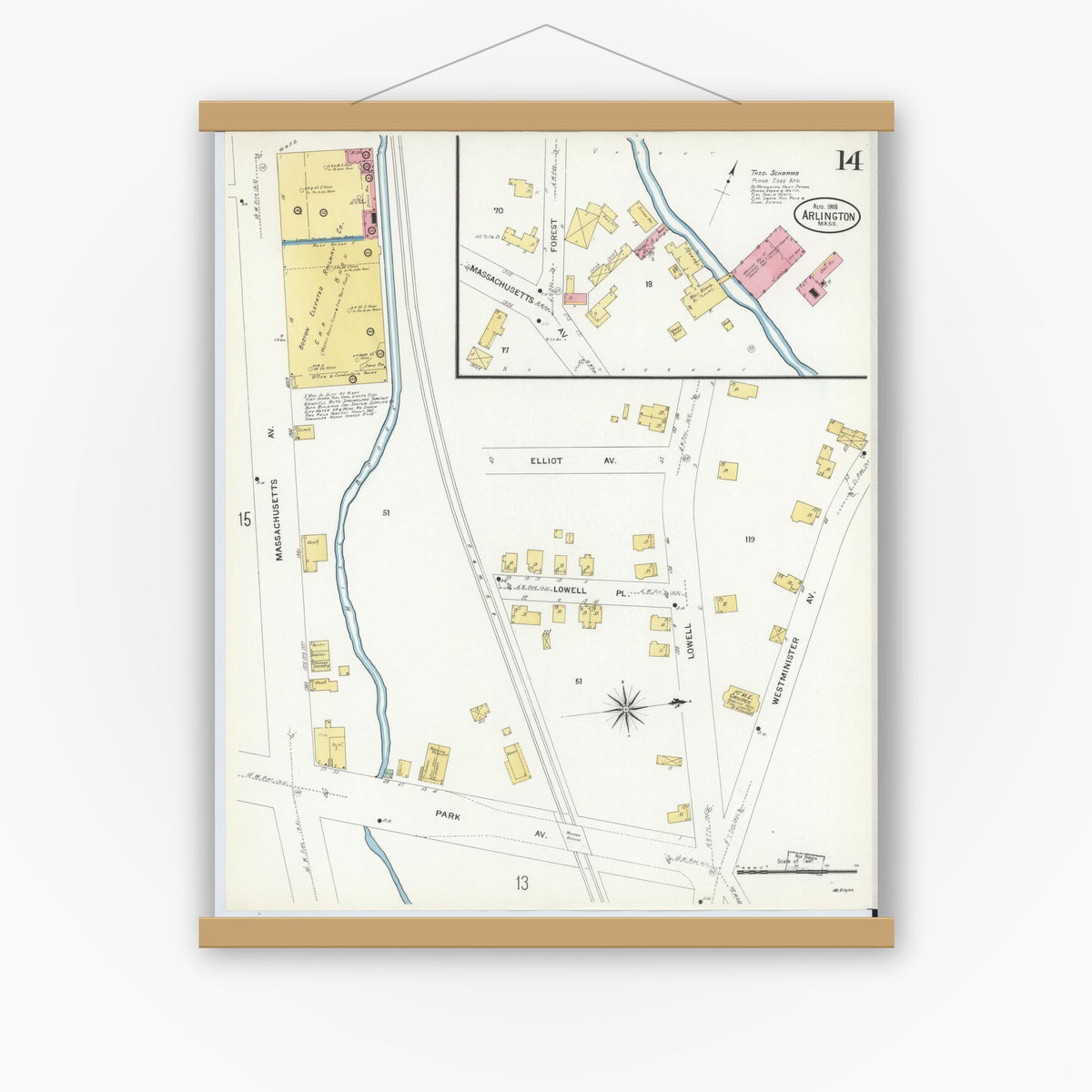 Old map wall art mockup — magnetic wood frame on white wall — Sanborn Fire Insurance Map from Arlington, Middlesex County, Massachusetts (1908), Sheet #0014