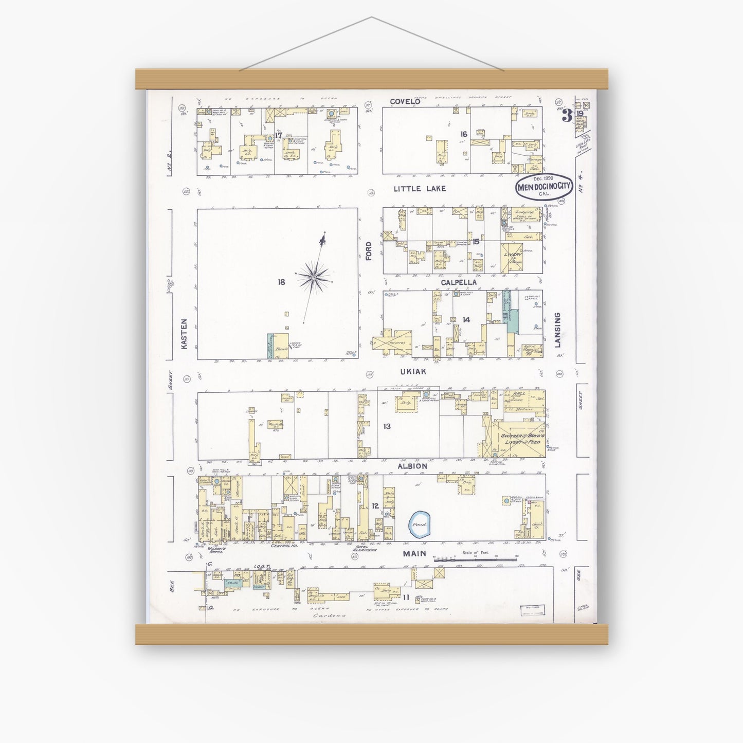 Old map wall art mockup — magnetic wood frame on white wall — Sanborn Fire Insurance Map from Mendocino, Mendocino County, California (1890), Sheet #0003