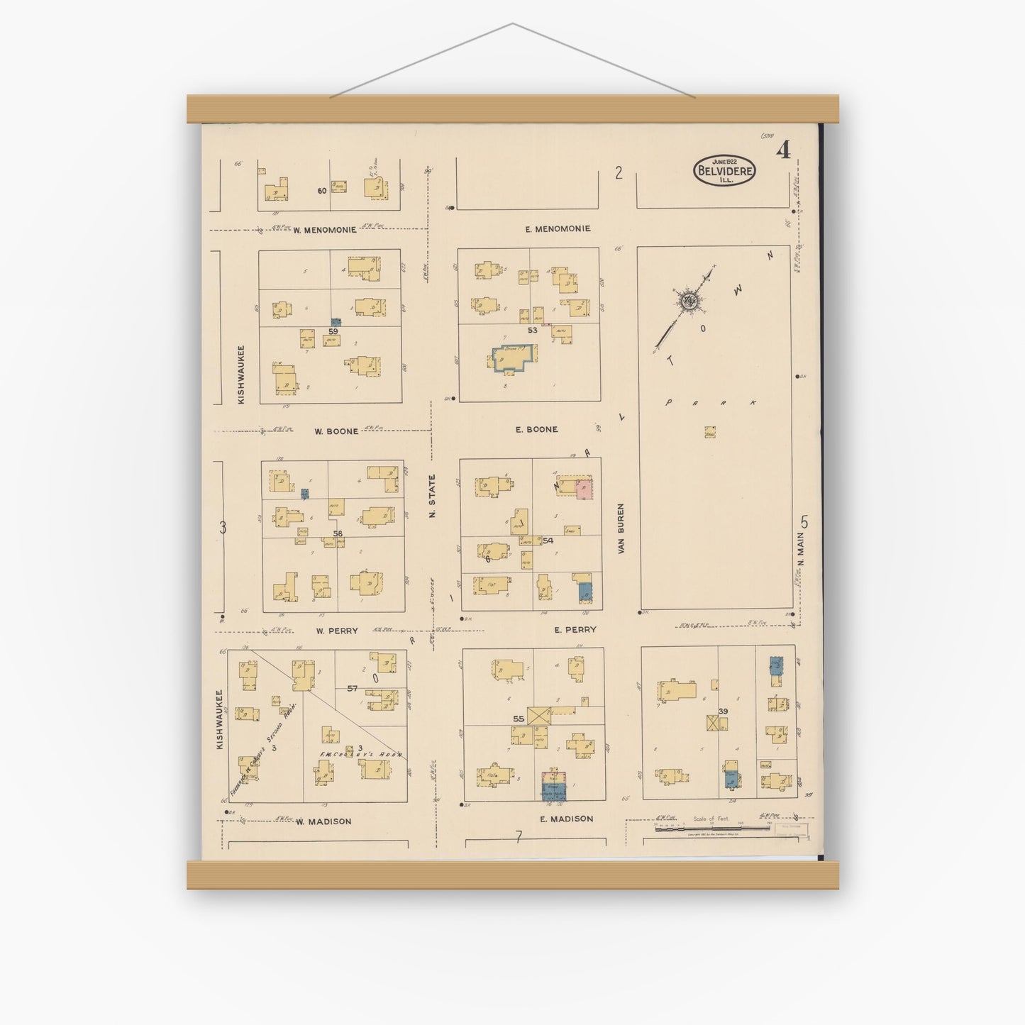 Old map wall art mockup — magnetic wood frame on white wall — Sanborn Fire Insurance Map from Belvidere, Boone County, Illinois (1922), Sheet #0004