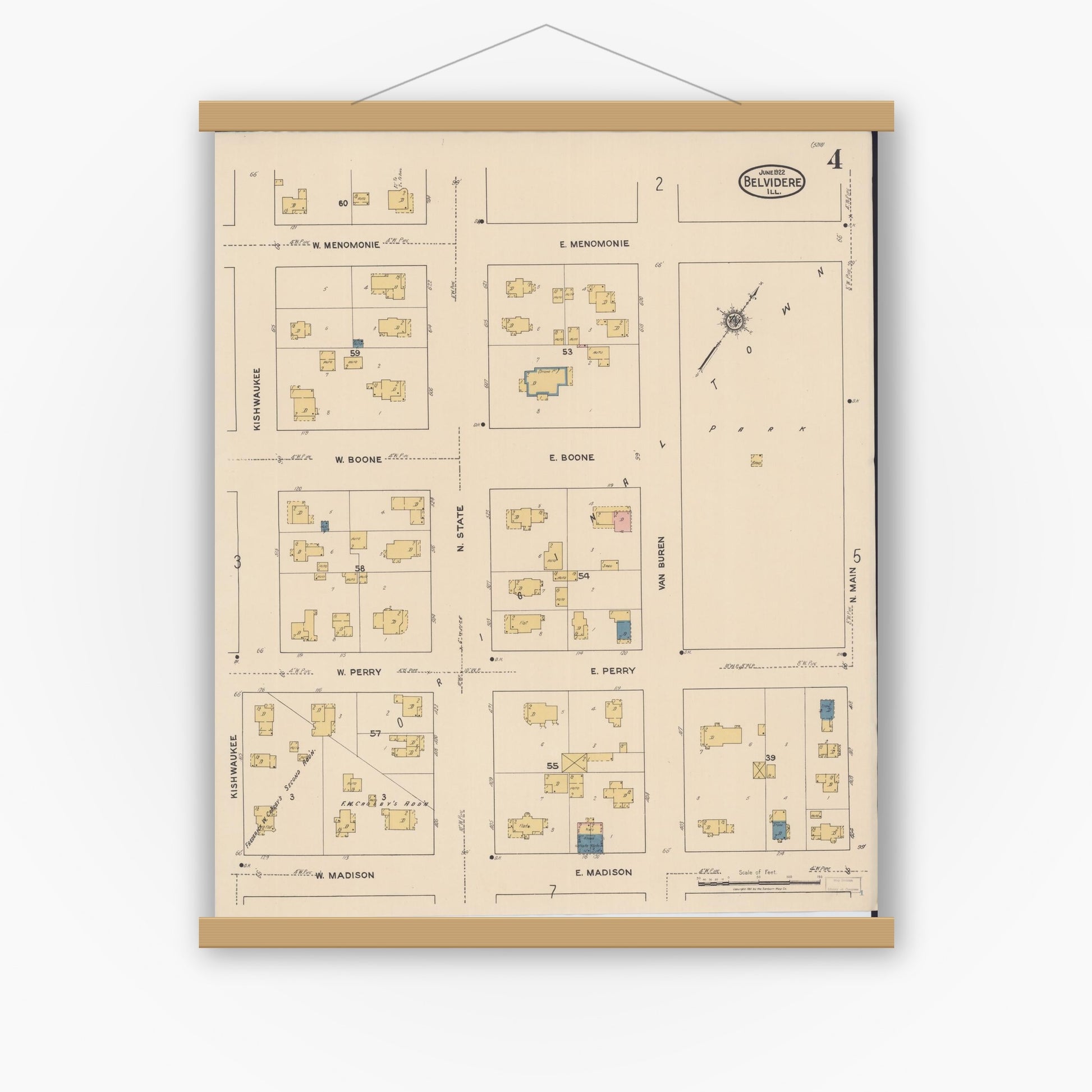 Old map wall art mockup — magnetic wood frame on white wall — Sanborn Fire Insurance Map from Belvidere, Boone County, Illinois (1922), Sheet #0004