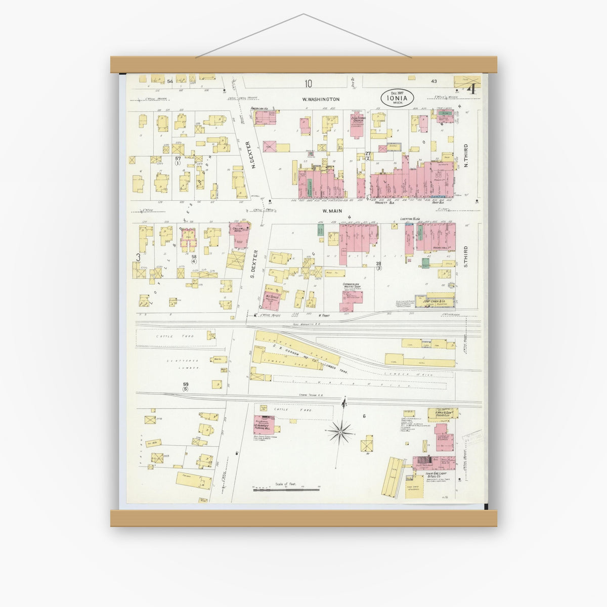 Old map wall art mockup — magnetic wood frame on white wall — Sanborn Fire Insurance Map from Ionia, Ionia County, Michigan (1907), Sheet #0004