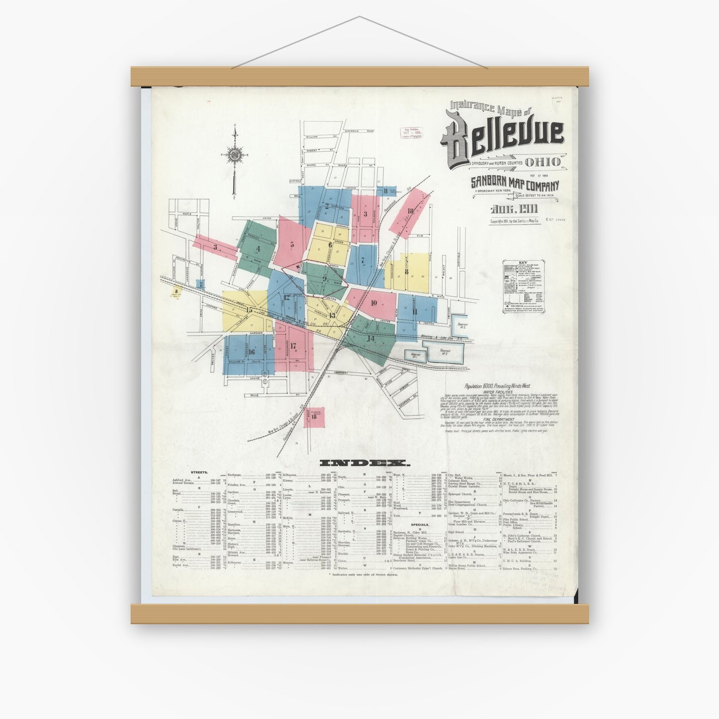 Old map wall art mockup — magnetic wood frame on white wall — Sanborn Fire Insurance Map from Bellevue, Huron And Sandusky County, Ohio (1911) - Complete Map Set