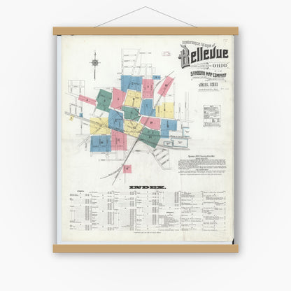Old map wall art mockup — magnetic wood frame on white wall — Sanborn Fire Insurance Map from Bellevue, Huron And Sandusky County, Ohio (1911) - Complete Map Set