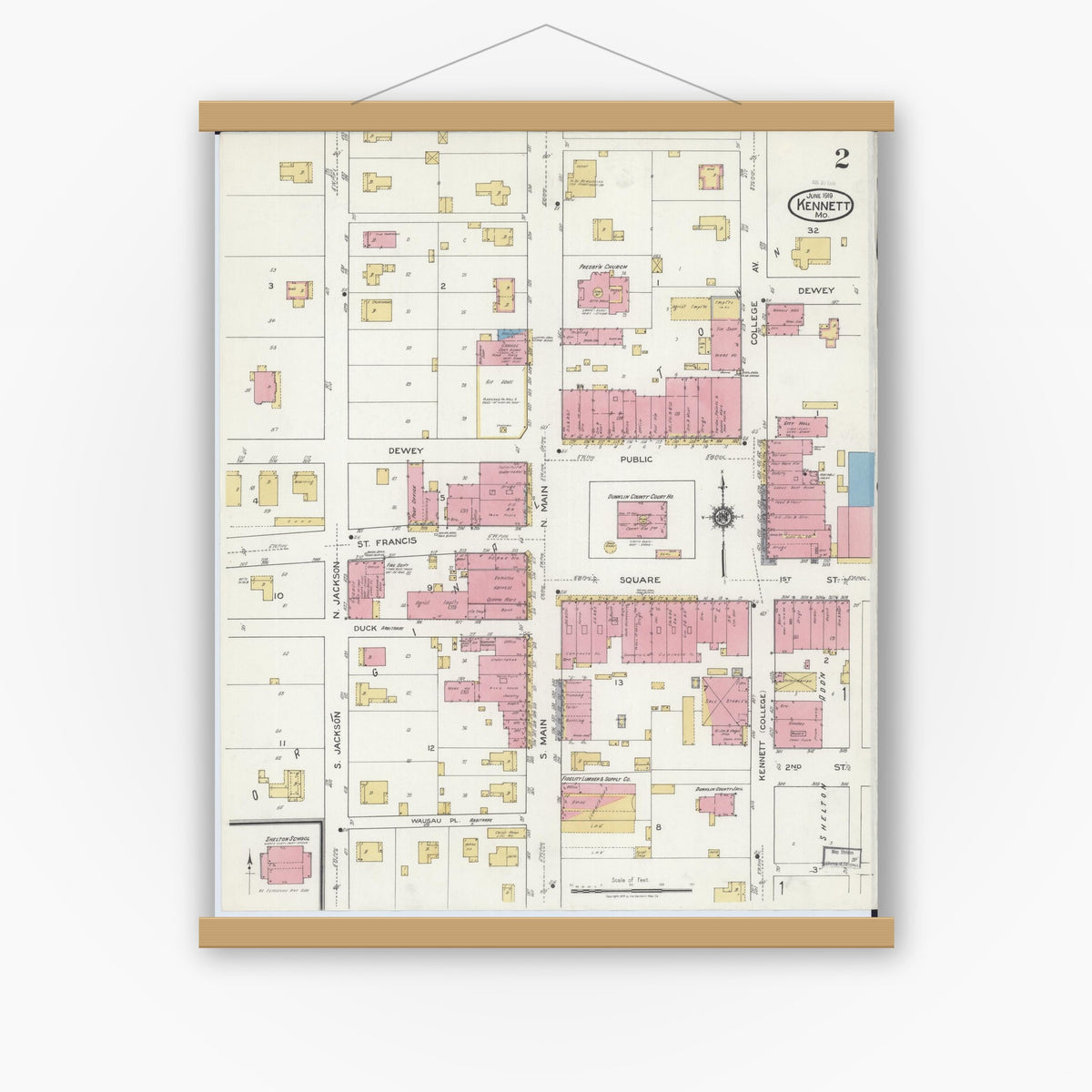 Old map wall art mockup — magnetic wood frame on white wall — Sanborn Fire Insurance Map from Kennett, Dunklin County, Missouri (1919), Sheet #0002