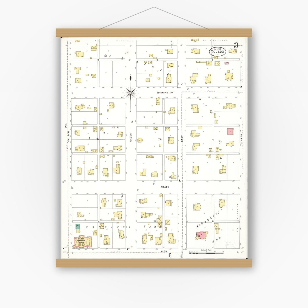 Old map wall art mockup — magnetic wood frame on white wall — Sanborn Fire Insurance Map from Toledo, Tama County, Iowa (1906), Sheet #0003