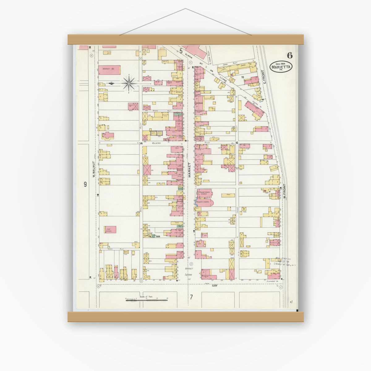 Old map wall art mockup — magnetic wood frame on white wall — Sanborn Fire Insurance Map from Marietta, Lancaster County, Pennsylvania (1904), Sheet #0006