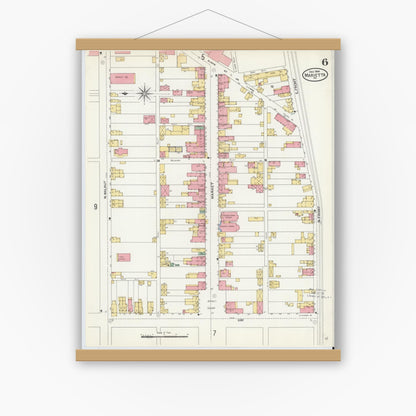 Old map wall art mockup — magnetic wood frame on white wall — Sanborn Fire Insurance Map from Marietta, Lancaster County, Pennsylvania (1904), Sheet #0006