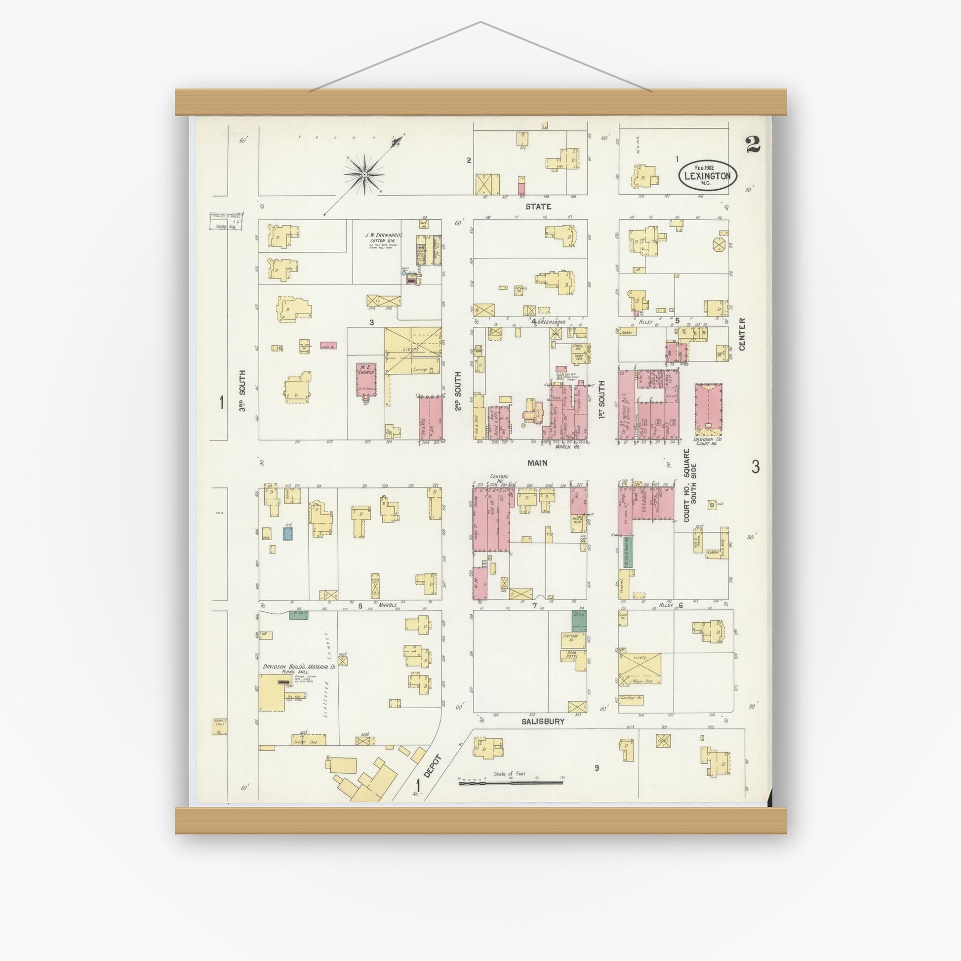 Old map wall art mockup — magnetic wood frame on white wall — Sanborn Fire Insurance Map from Lexington, Davidson County, North Carolina (1902), Sheet #0002