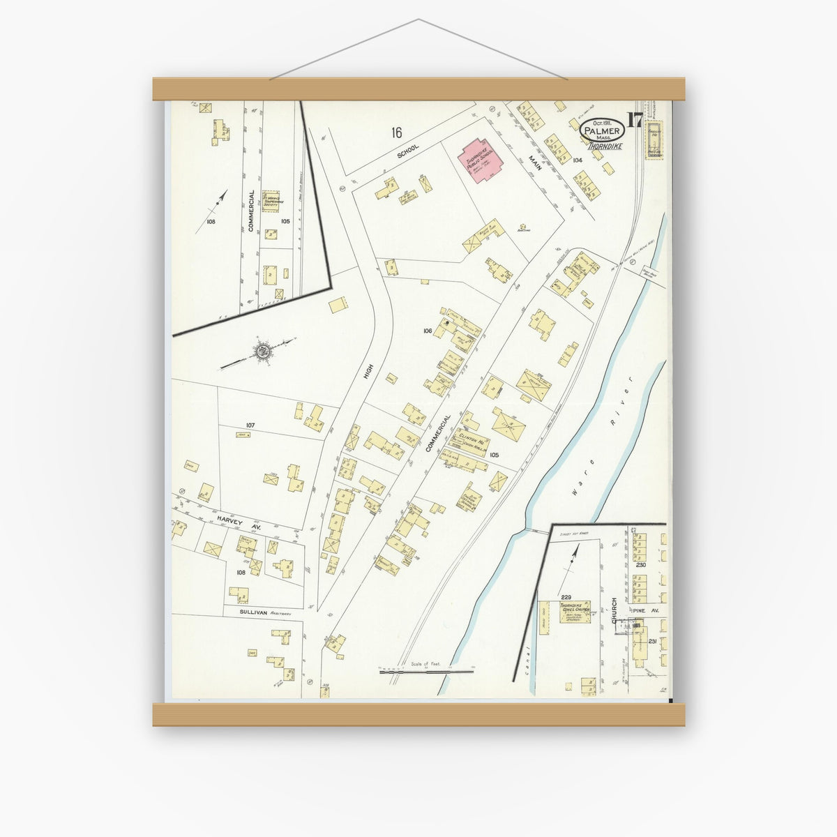 Old map wall art mockup — magnetic wood frame on white wall — Sanborn Fire Insurance Map from Palmer, Hampden County, Massachusetts (1911), Sheet #0017