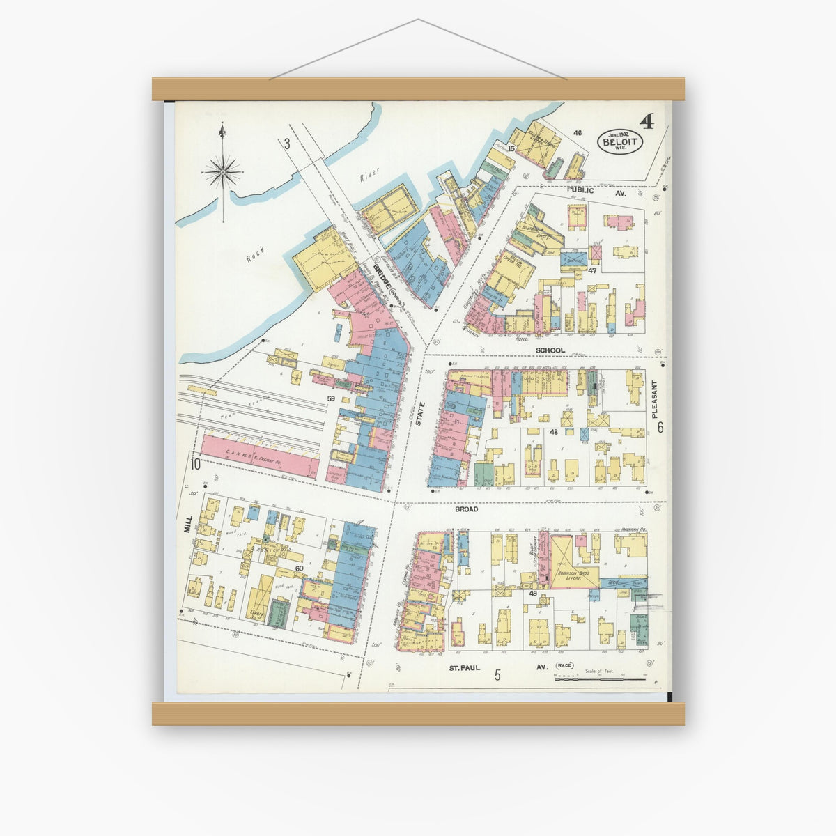 Old map wall art mockup — magnetic wood frame on white wall — Sanborn Fire Insurance Map from Beloit, Rock County, Wisconsin (1902), Sheet #0004