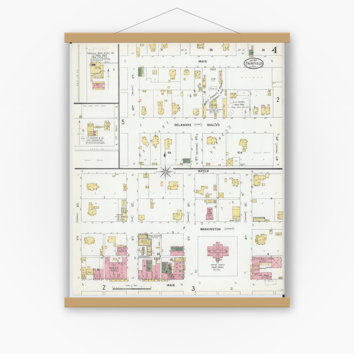 Old map wall art mockup — magnetic wood frame on white wall — Sanborn Fire Insurance Map from Fairfield, Wayne County, Illinois (1901), Sheet #0004