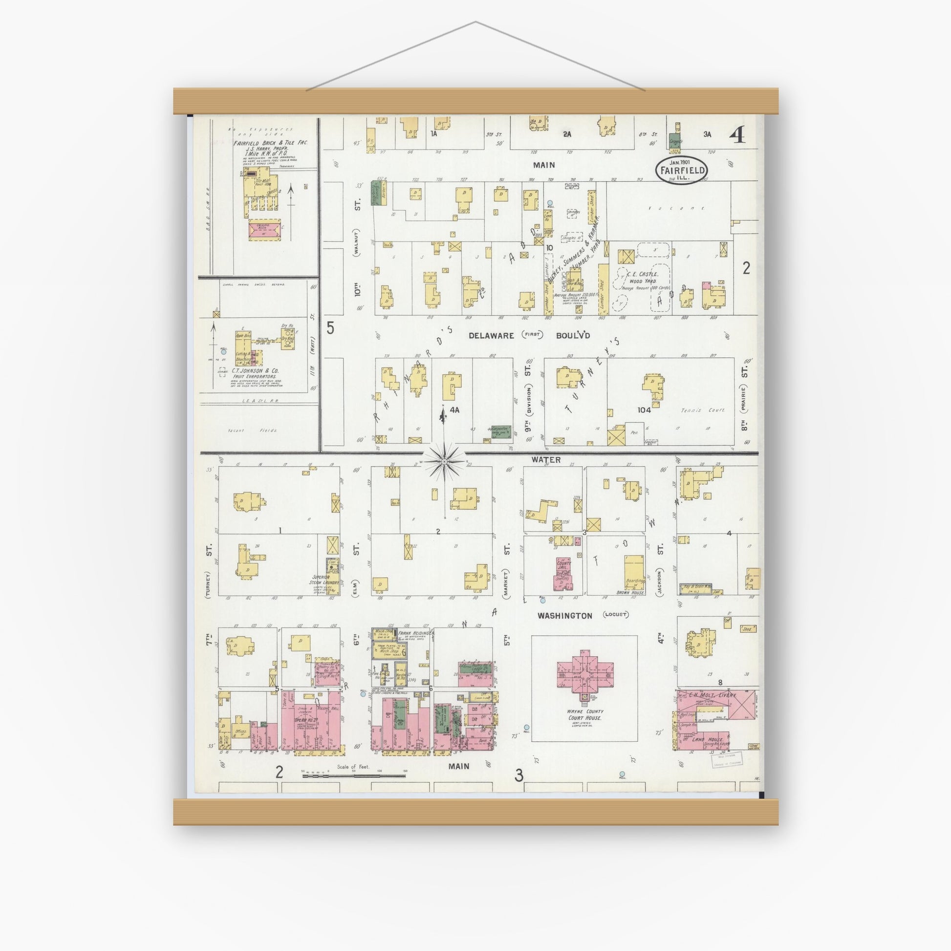 Old map wall art mockup — magnetic wood frame on white wall — Sanborn Fire Insurance Map from Fairfield, Wayne County, Illinois (1901), Sheet #0004