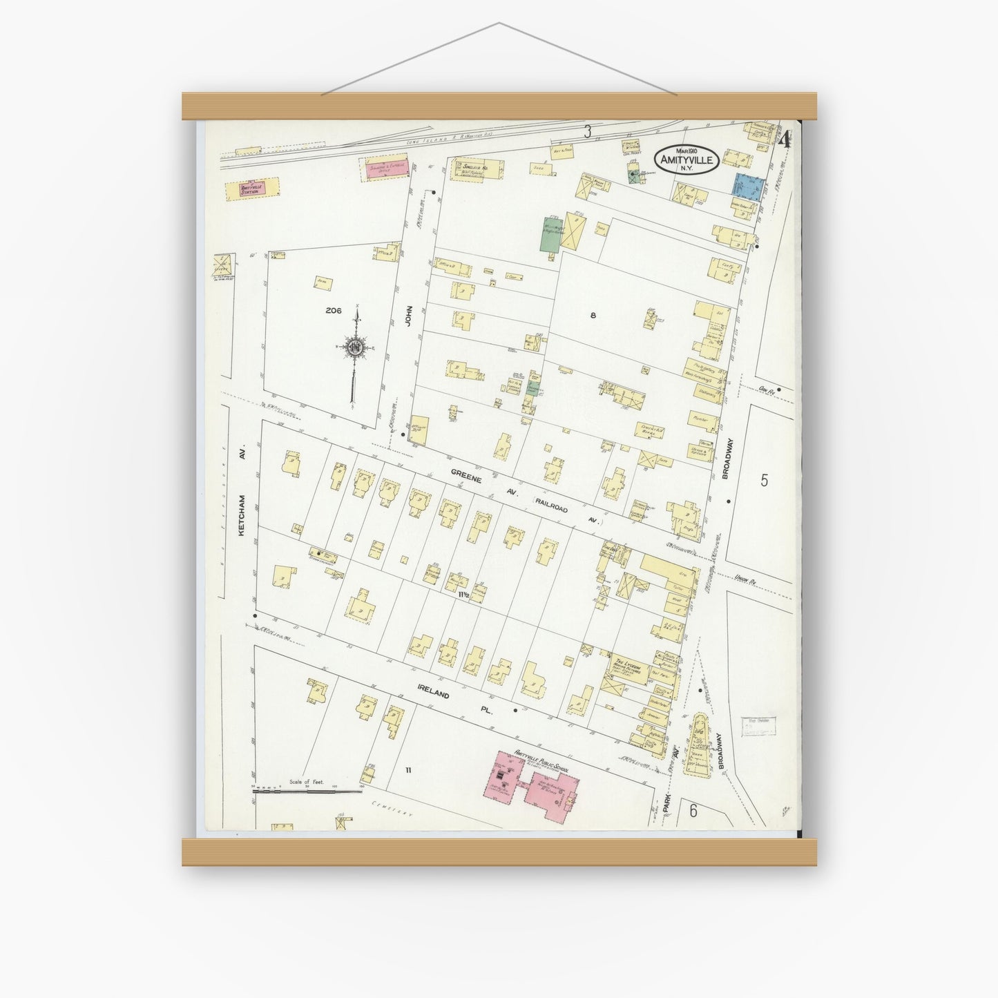 Old map wall art mockup — magnetic wood frame on white wall — Sanborn Fire Insurance Map from Amityville, Suffolk County, New York (1910), Sheet #0004