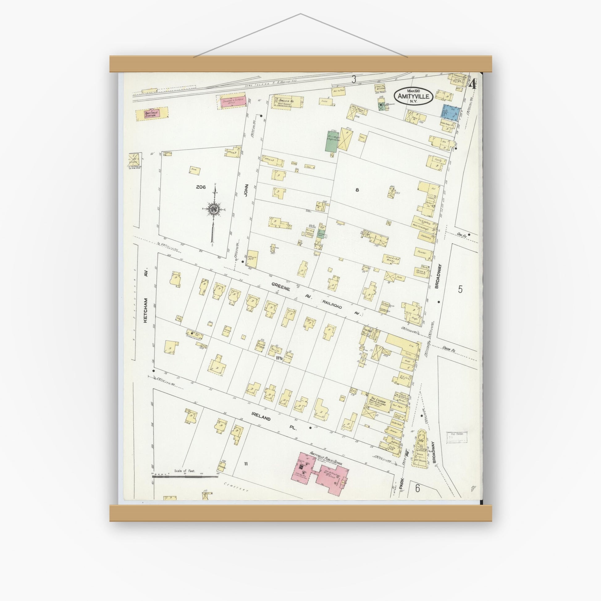 Old map wall art mockup — magnetic wood frame on white wall — Sanborn Fire Insurance Map from Amityville, Suffolk County, New York (1910), Sheet #0004